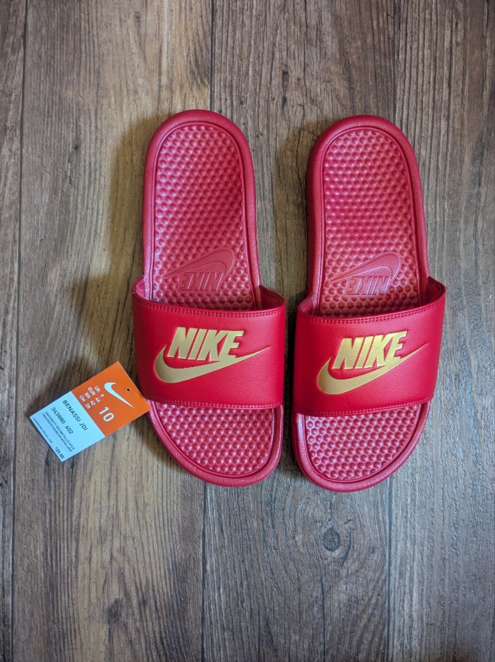 Nike University Red & Gold Swoosh Benassi JDI Men's Size 10 Slides Sandals New